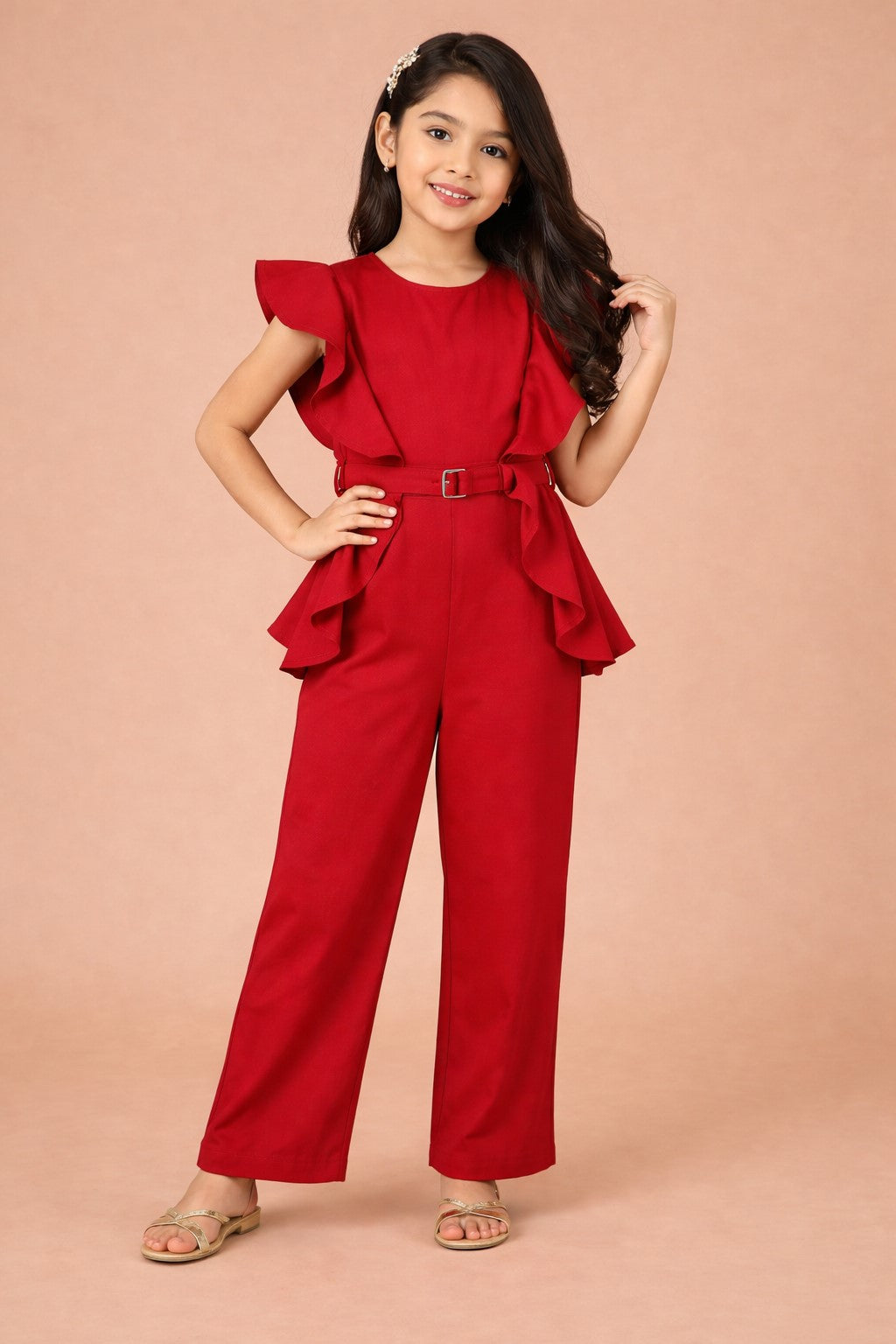 Piccolo Ruffle-Sleeve Belted Jumpsuit – Red