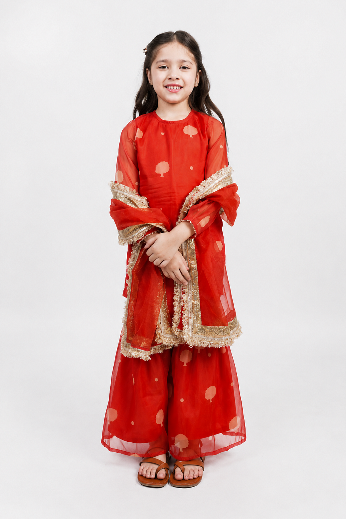 Piccolo Organza Printed Kurta, Sharara & Dupatta Set-Orange