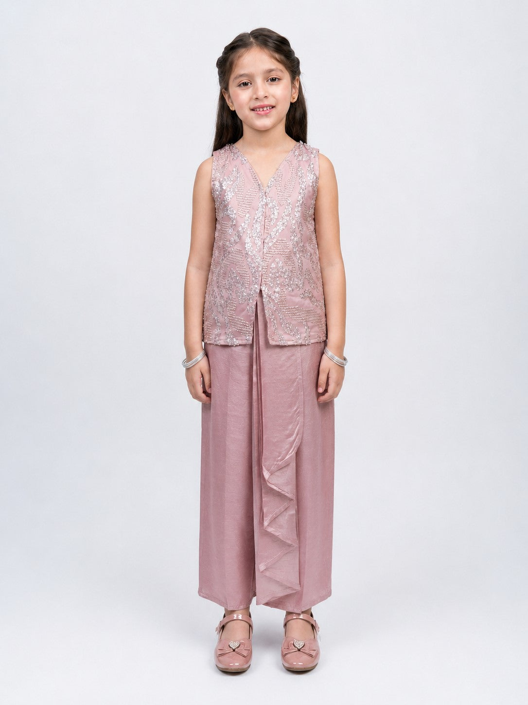 Piccolo Sequin-Embellished Top & Draped Skirt Set-Pink