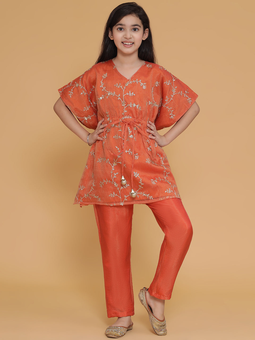 Piccolo-Tissue Kaftan Set With Pants- Orange
