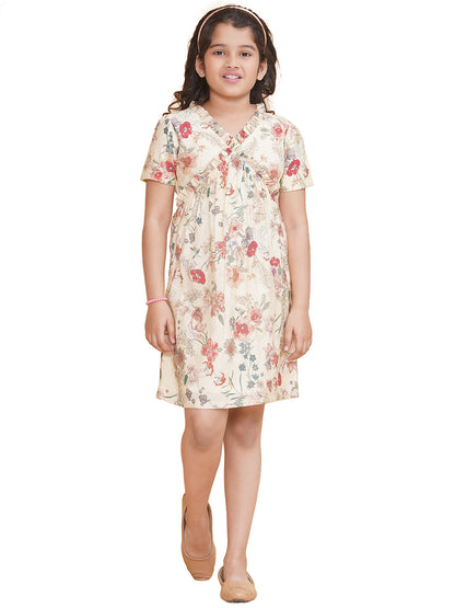 PICCOLO Floral Ruffled Neck Dress- cream