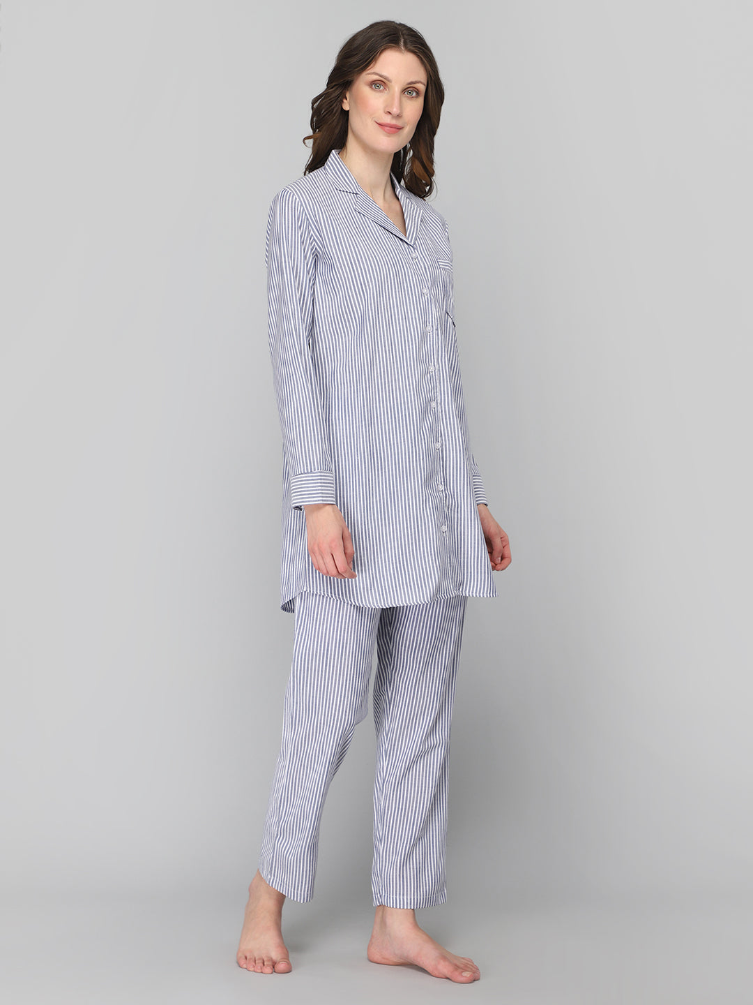 DRAPE IN VOGUE Women Grey &amp; White Striped Night Suit