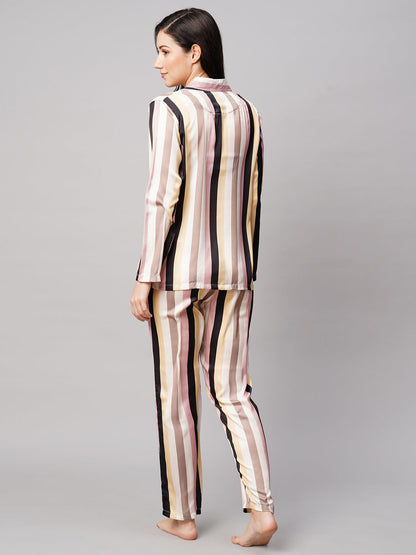 Women 2 Pieces Striped Satin Night suit