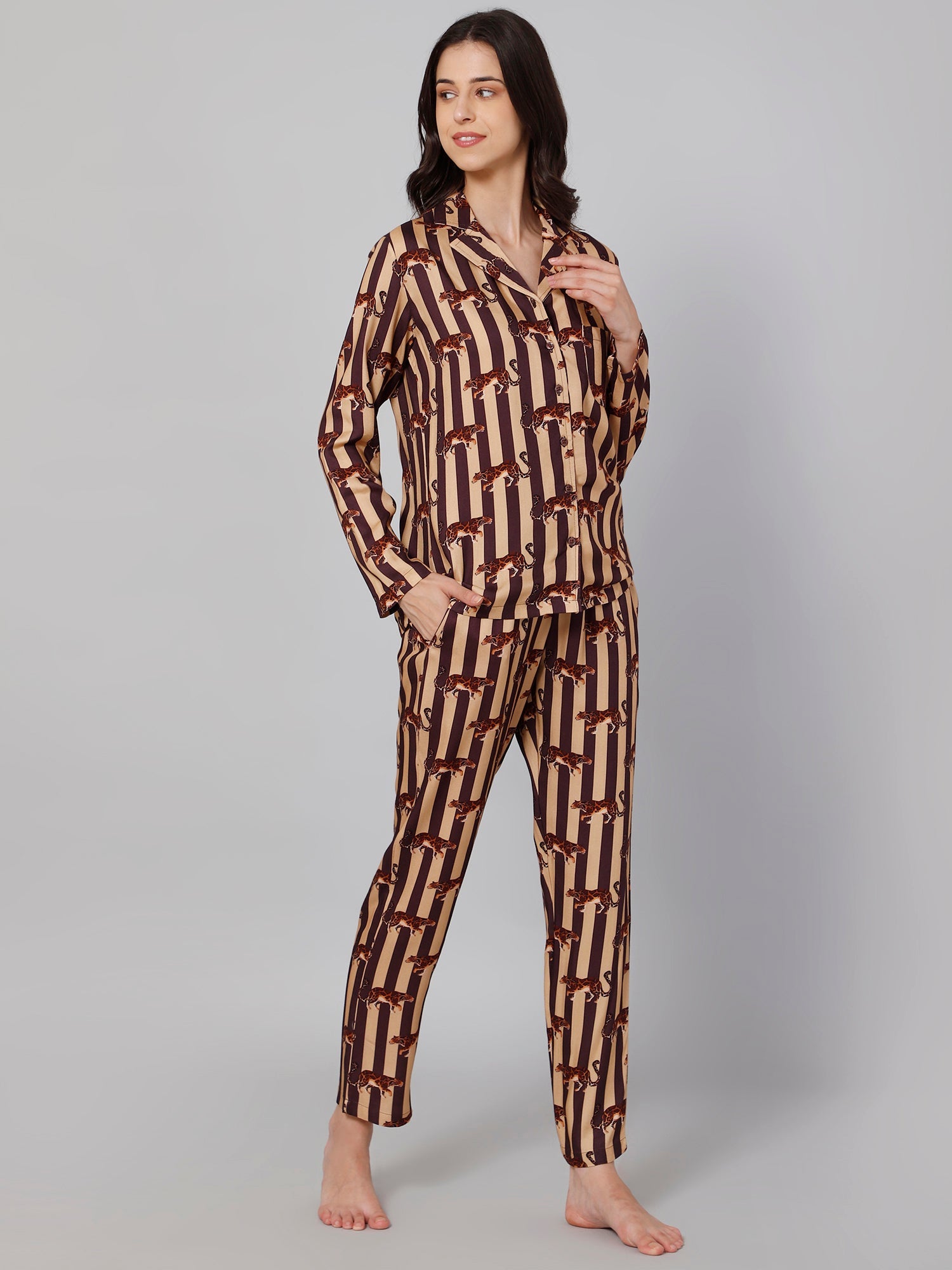 Women Brown &amp; Beige Striped Night suit