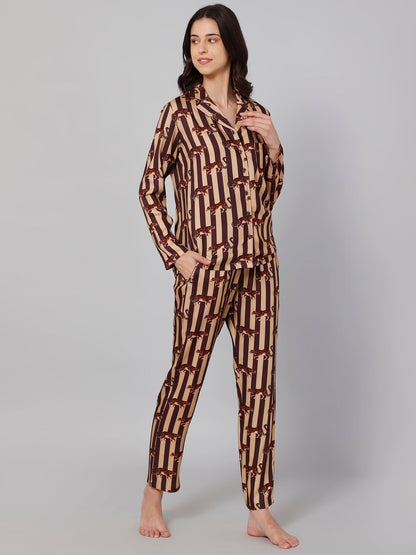 Women Brown &amp; Beige Striped Night suit