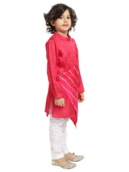 Pink Lehriya Panel Kurta With White Payjama Set