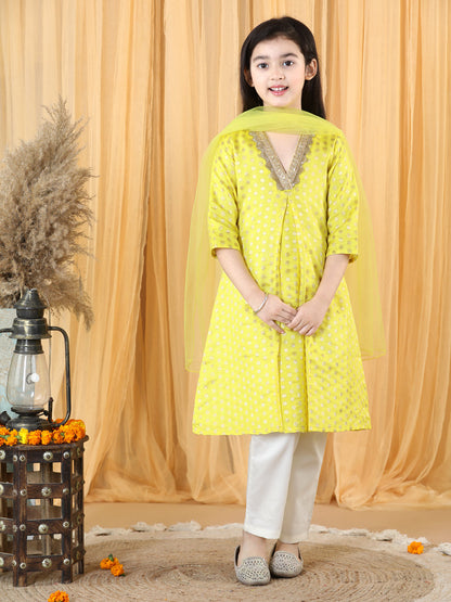 Girls Yellow Silk Brocade Kurta And Pant Set With Dupatta