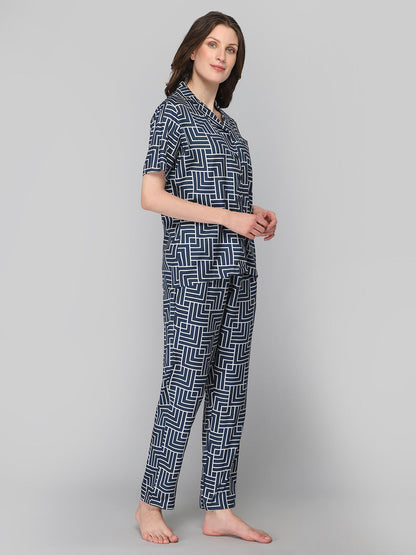 DRAPE IN VOGUE Women Navy Blue &amp; White Printed Night suit