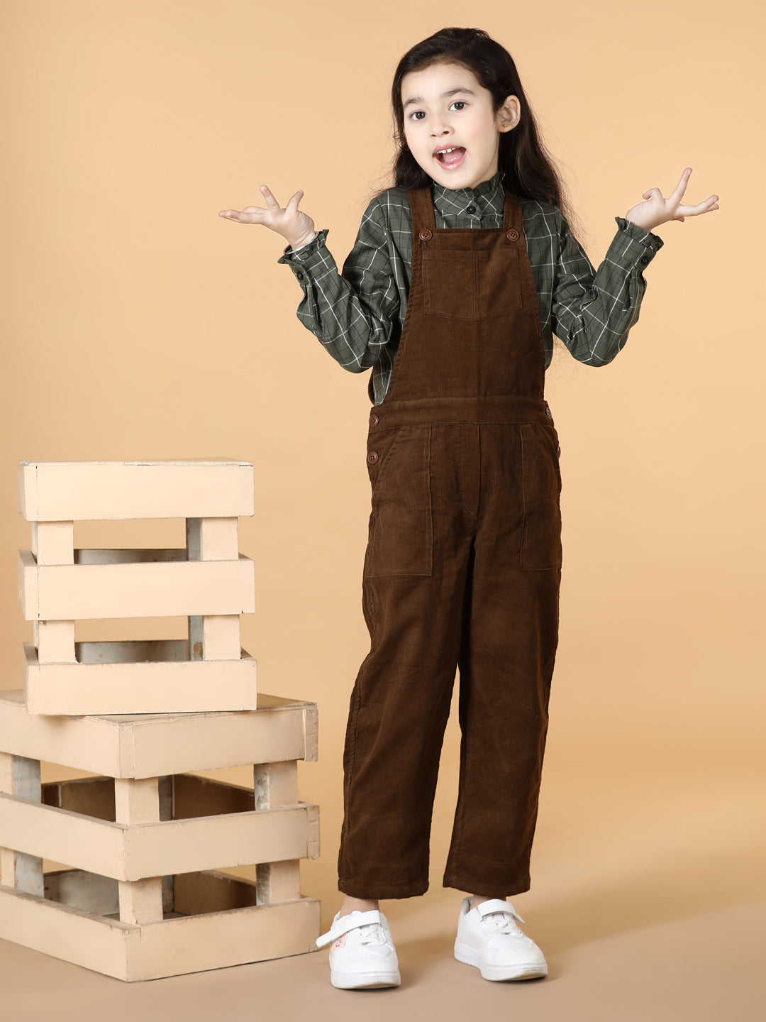 Girls Checked Top with Corduroy Dungaree Set