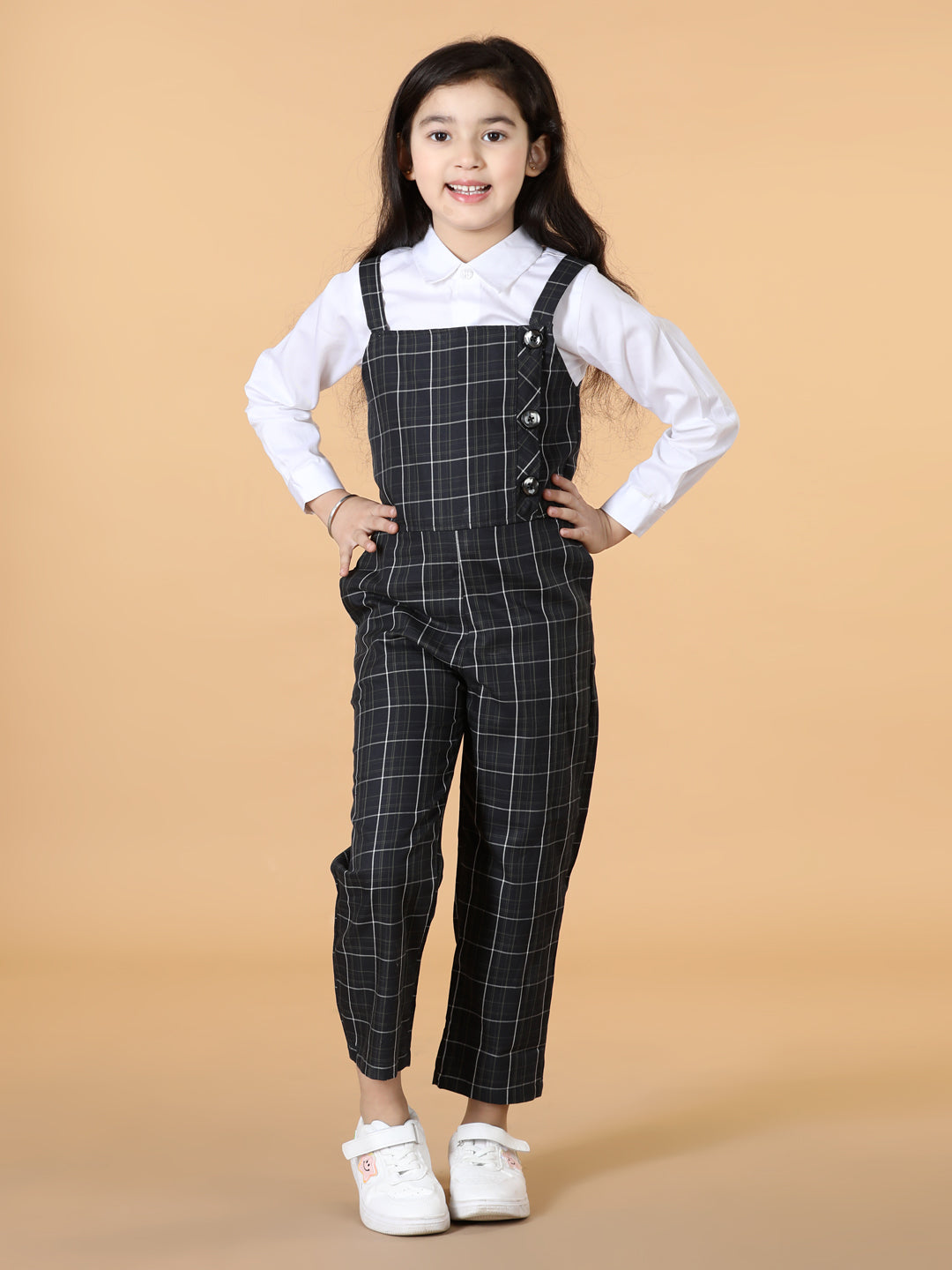 Girls Top with Checked Dungaree Set