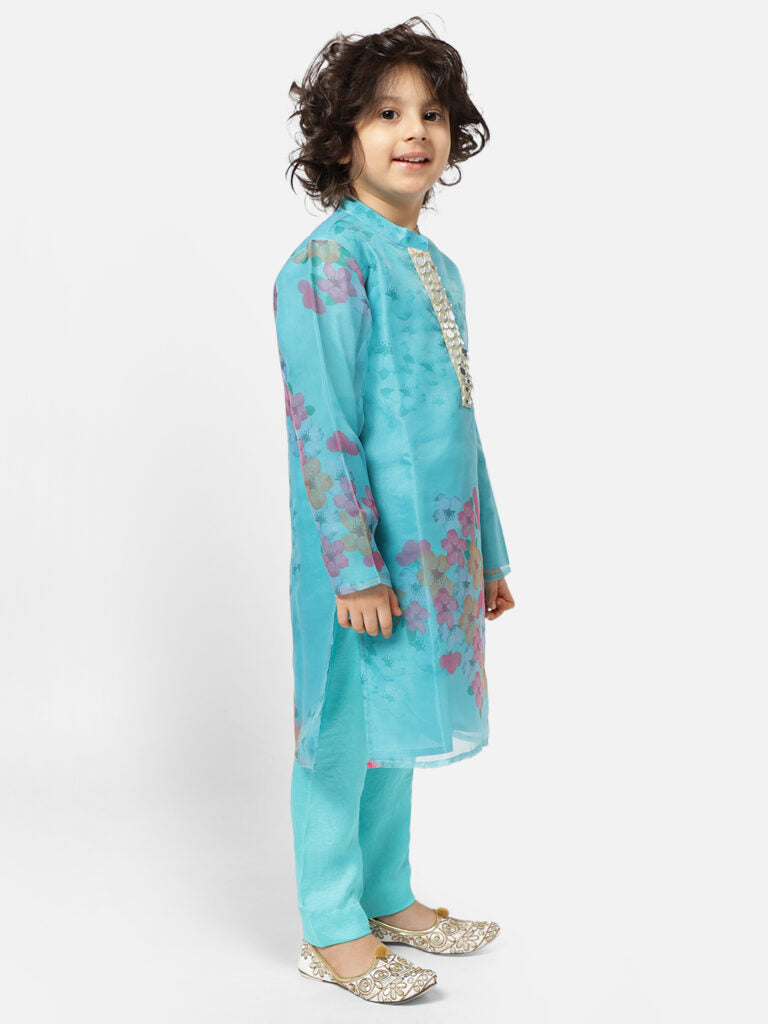 Turquoise Green Floral Kurta Payjama Set