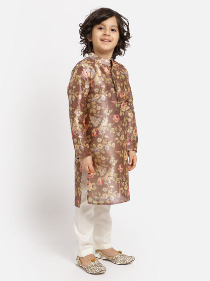Brown Floral  Kurta And White Payjama Set