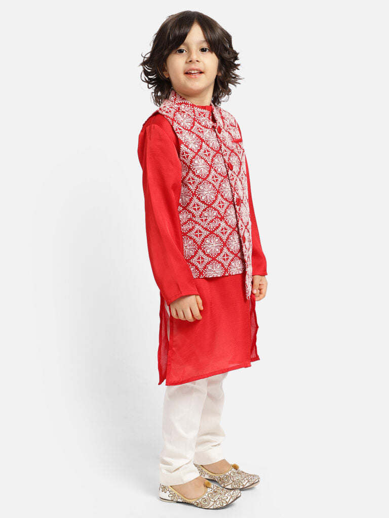 Red Kurta Payjama With Chikankari Asymetric WaistCoat