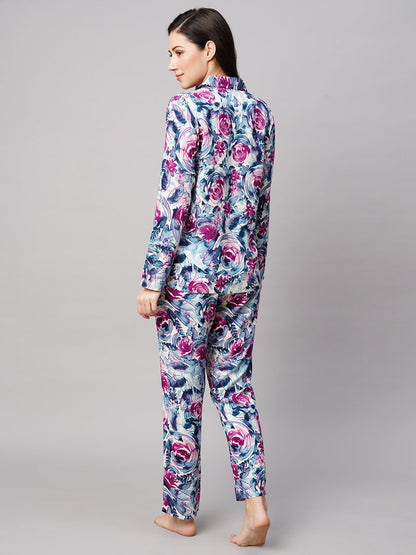Women Floral Printed Lapel Collar 2 Piece Night suit