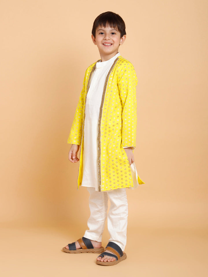 Cream Kurta Pyjama with Yellow Jacket (Set of 3)