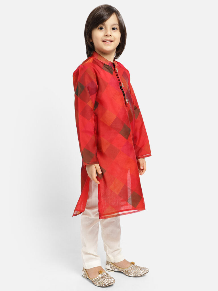 Red Bias Checks Print Kurta With White Payjama Set