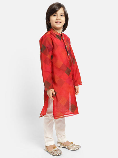 Red Bias Checks Print Kurta With White Payjama Set