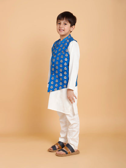 Cream Kurta Pyjama with Blue Jacket Printed (Set of 3)