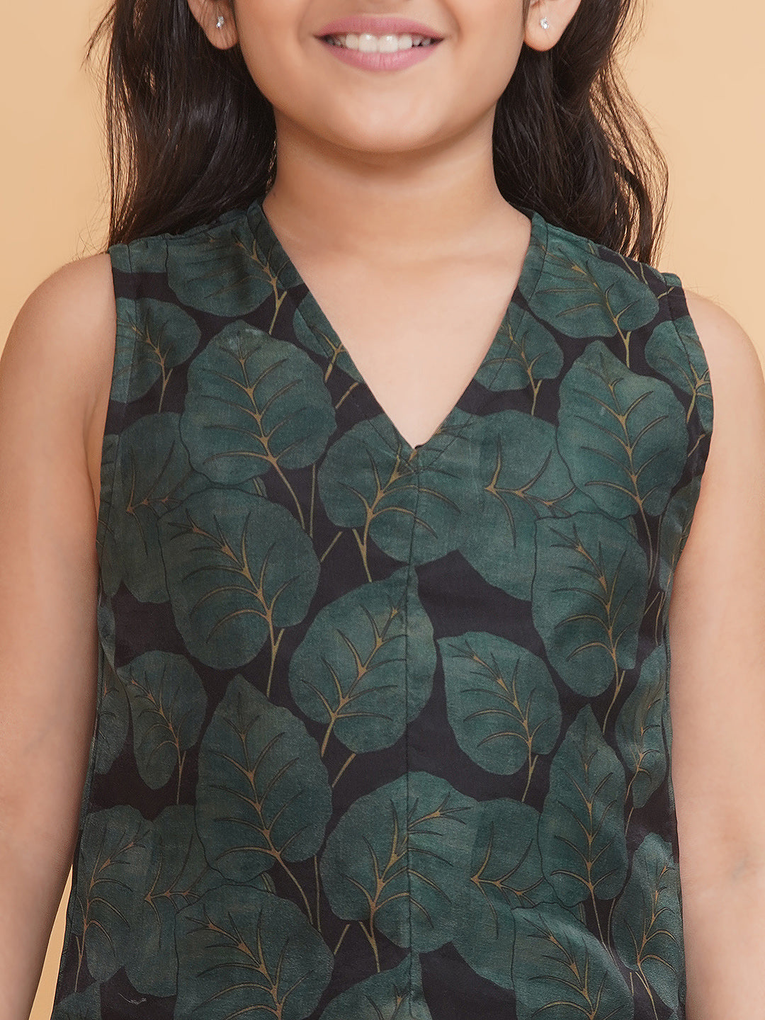 V Neck Organza Dress with hand Embroidered Pockets- Green