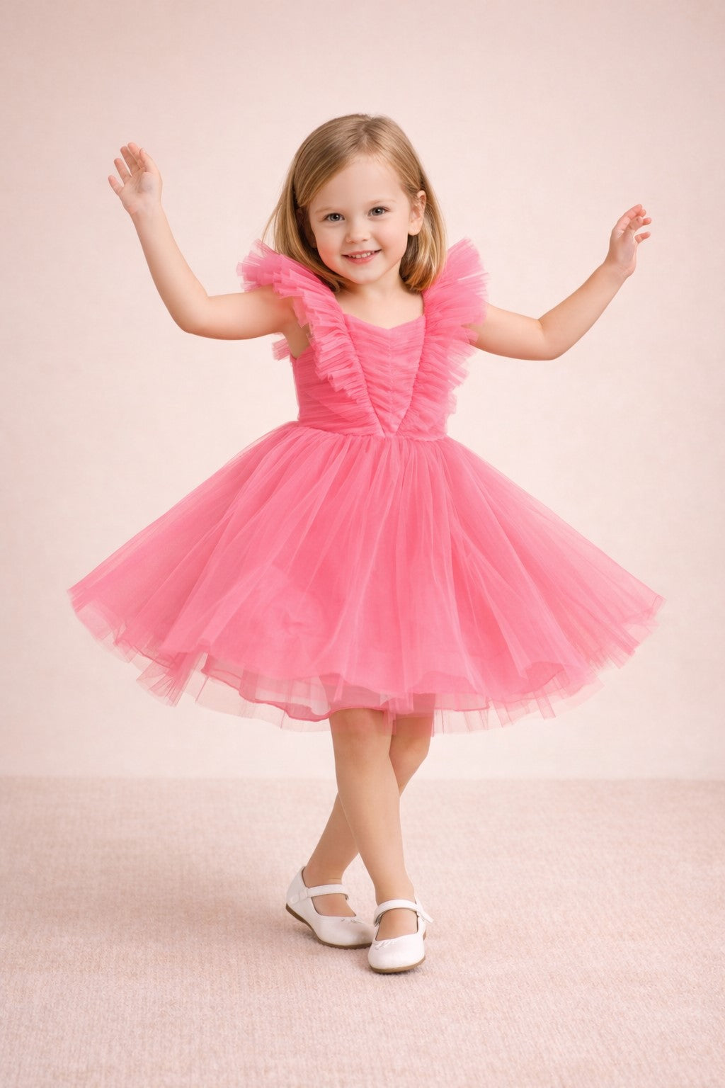 Piccolo Girls V-Neck Pleated Net Fit & Flare Dress -Peach