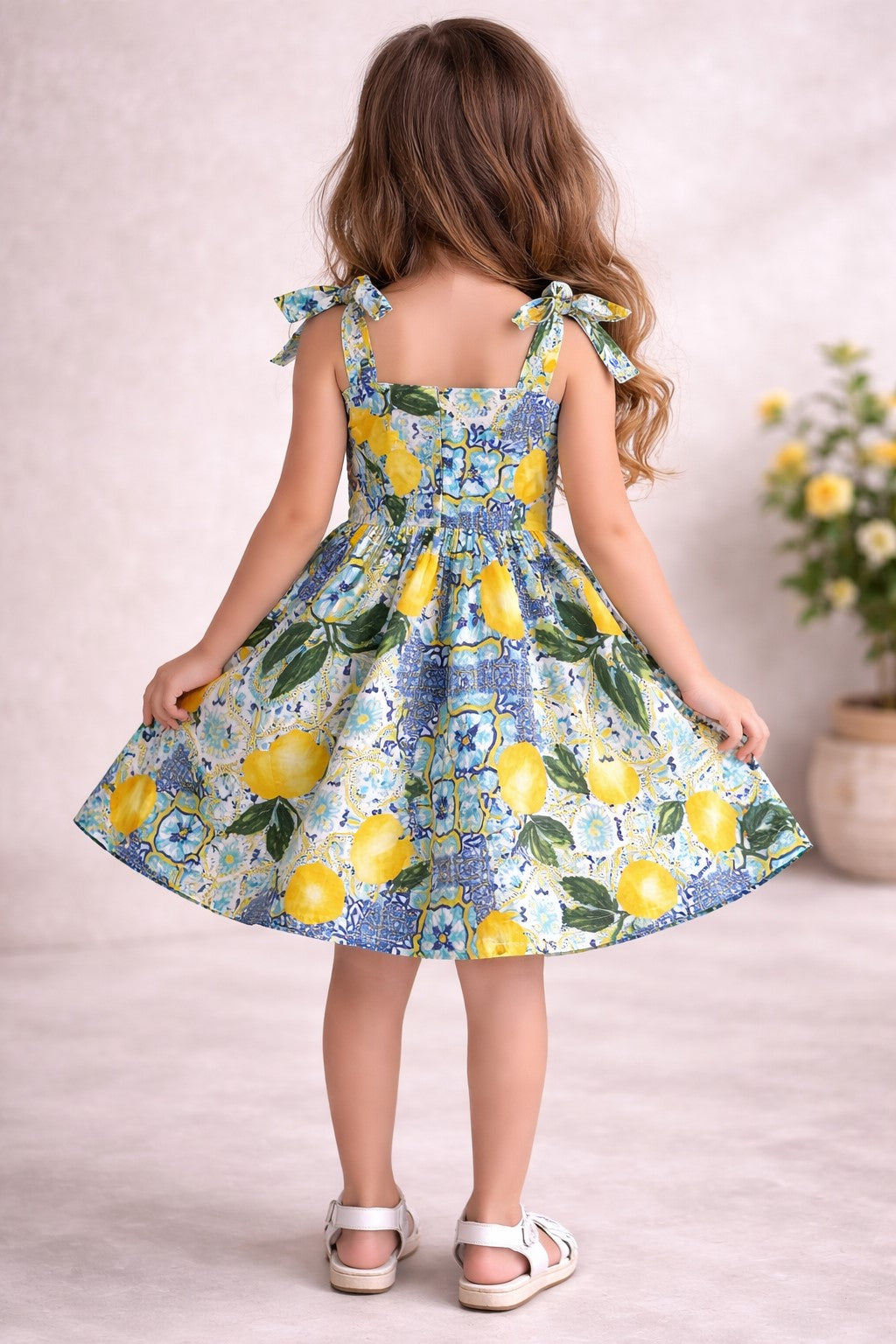 PICCOLO Shoulder Knot Lemon Printed Dress
