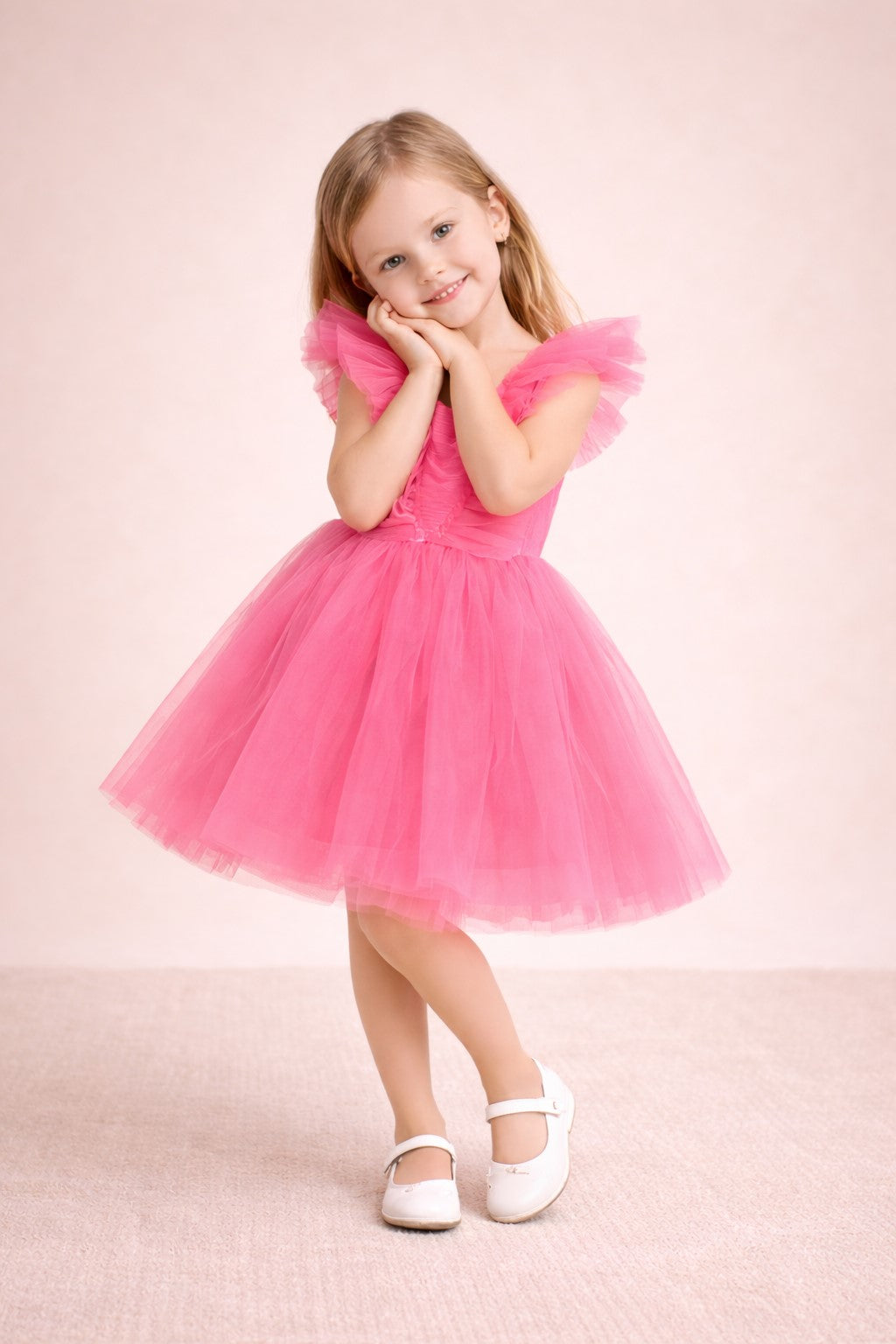 Piccolo Girls V-Neck Pleated Net Fit & Flare Dress -Peach