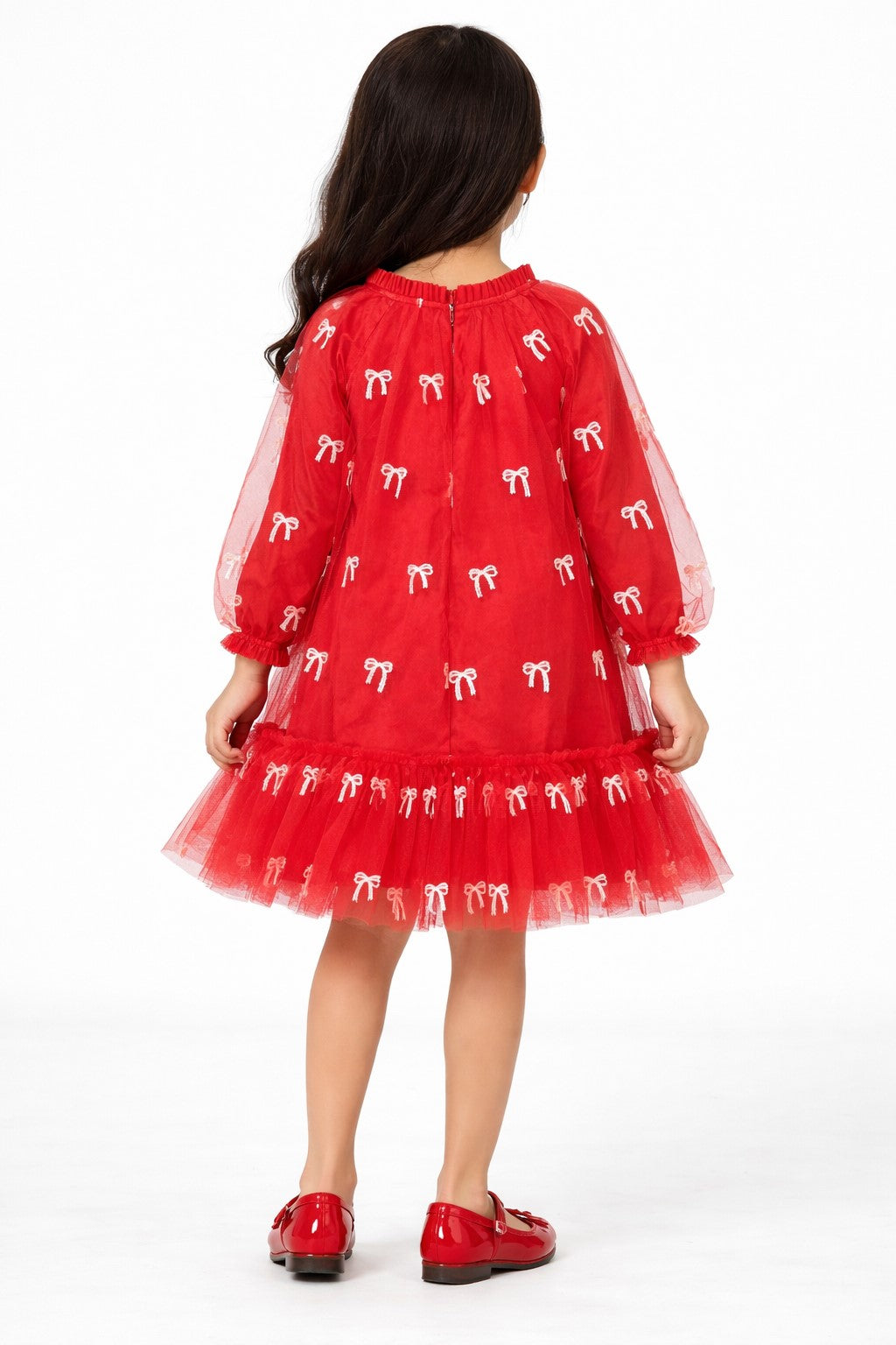 Floral Print Puff Sleeve Net A-Line Dress-red