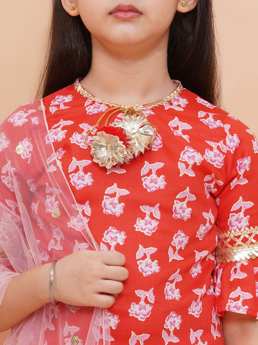 Girls Red Floral Rayon Kurta And Sharara Set With Dupatta