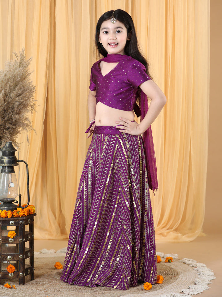 Girls Embellished Thread Work Ready to Wear Lehenga &amp; Blouse With Dupatta