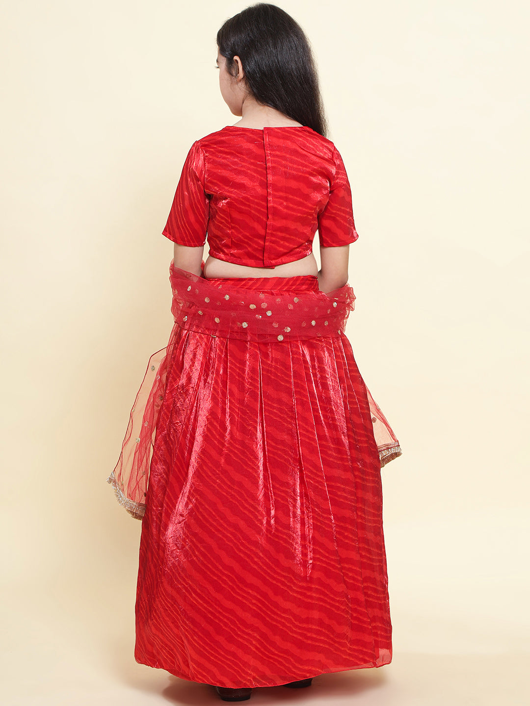 PICCOLO- Tissue Leheriya Printed Lehenga Choli with Embellished Net Dupatta-Red