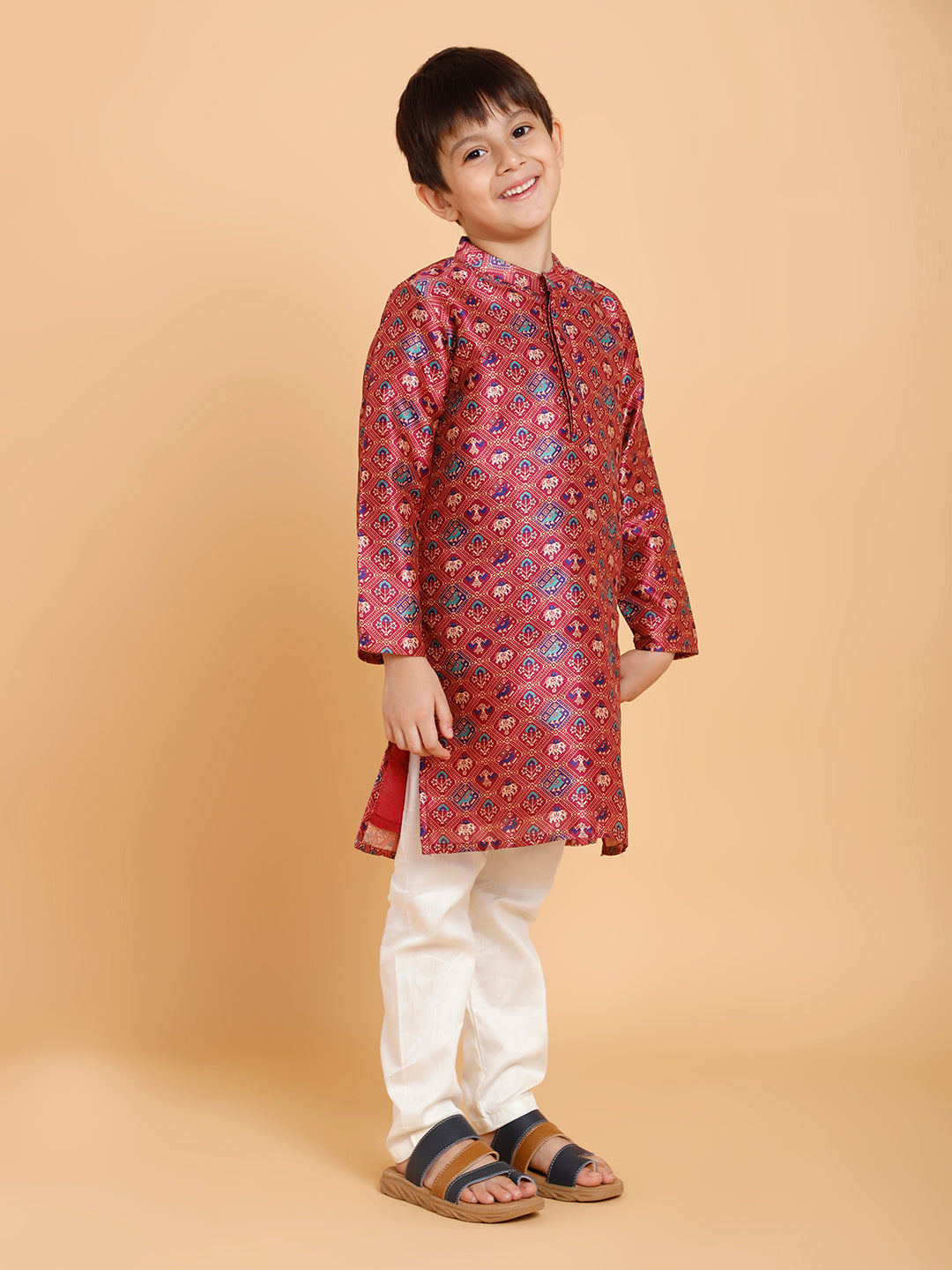 Boys Maroon Piccolo Silk Elephant-Print Kurta Pyjama Set