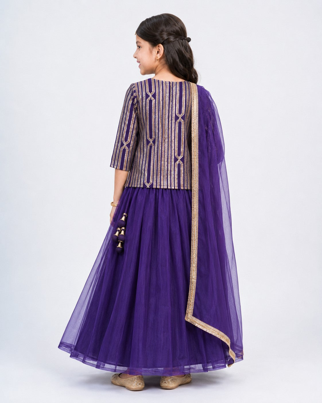Piccolo Gota Stripe Short Kurta, Organza Lehenga & Dupatta Set-Purple