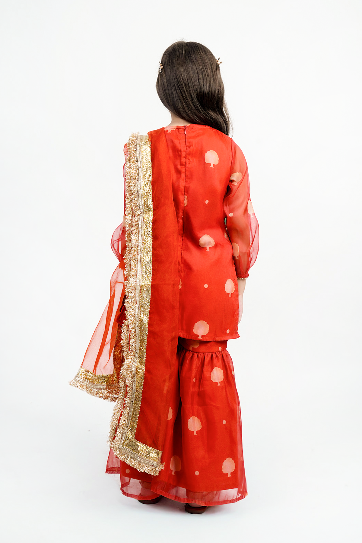 Piccolo Organza Printed Kurta, Sharara & Dupatta Set-Orange