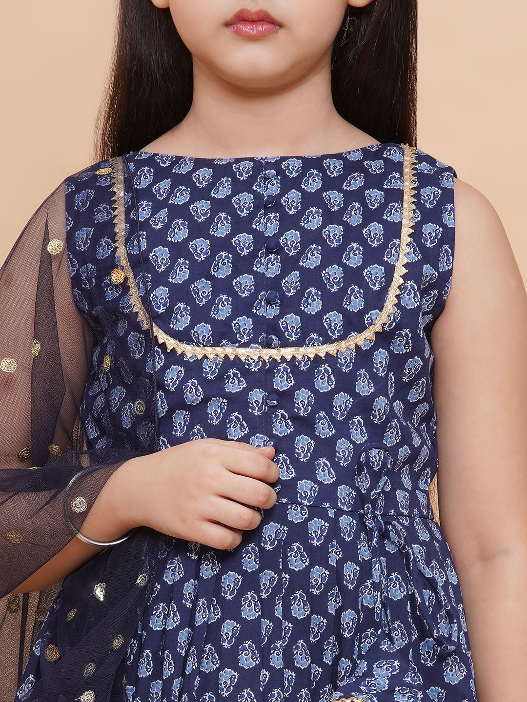 Printed Cotton Long Kurta with and Dupatta Blue