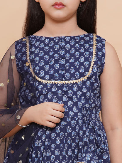 Printed Cotton Long Kurta with and Dupatta Blue