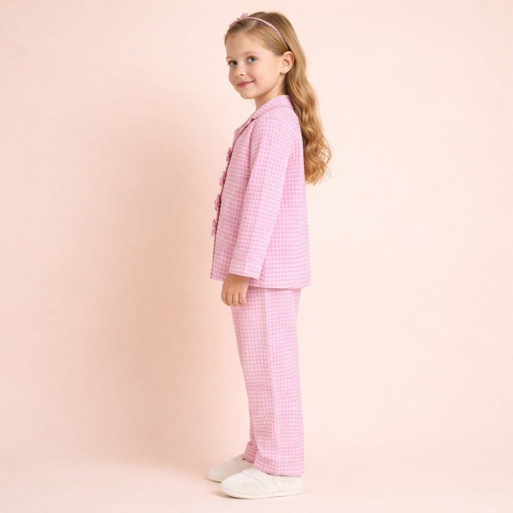 Piccolo Girls Seersucker Checkered Night Suit with Bow Applique- Pink