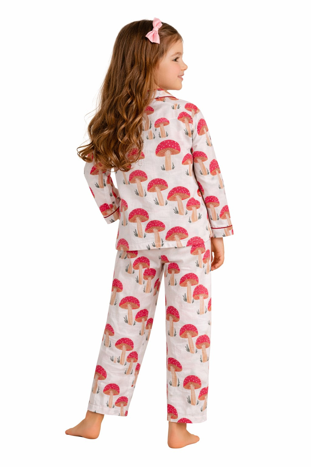 White Mushroom Print Pure Cotton Night Suit Set for Girls (Shirt & Pyjama)