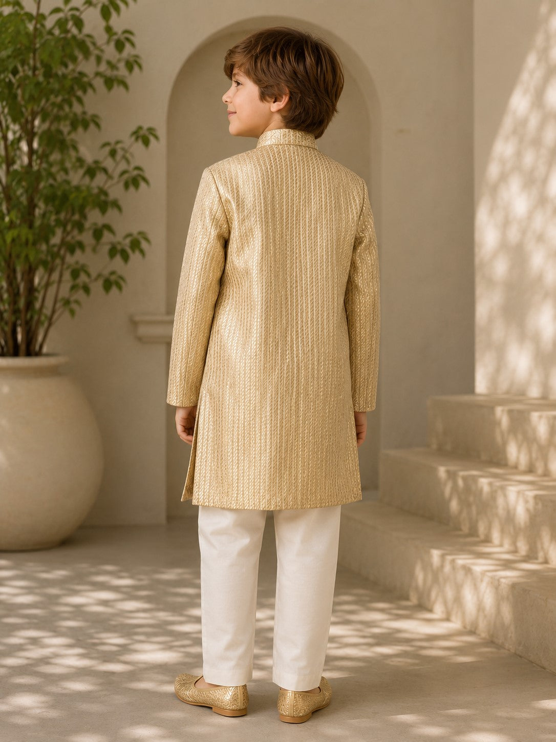 Piccolo Boys Gold Jacquard Sherwani with Payjama  Set
