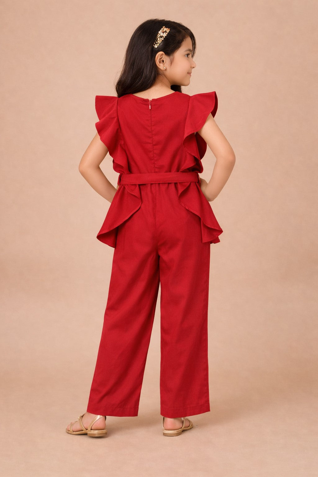Piccolo Ruffle-Sleeve Belted Jumpsuit – Red