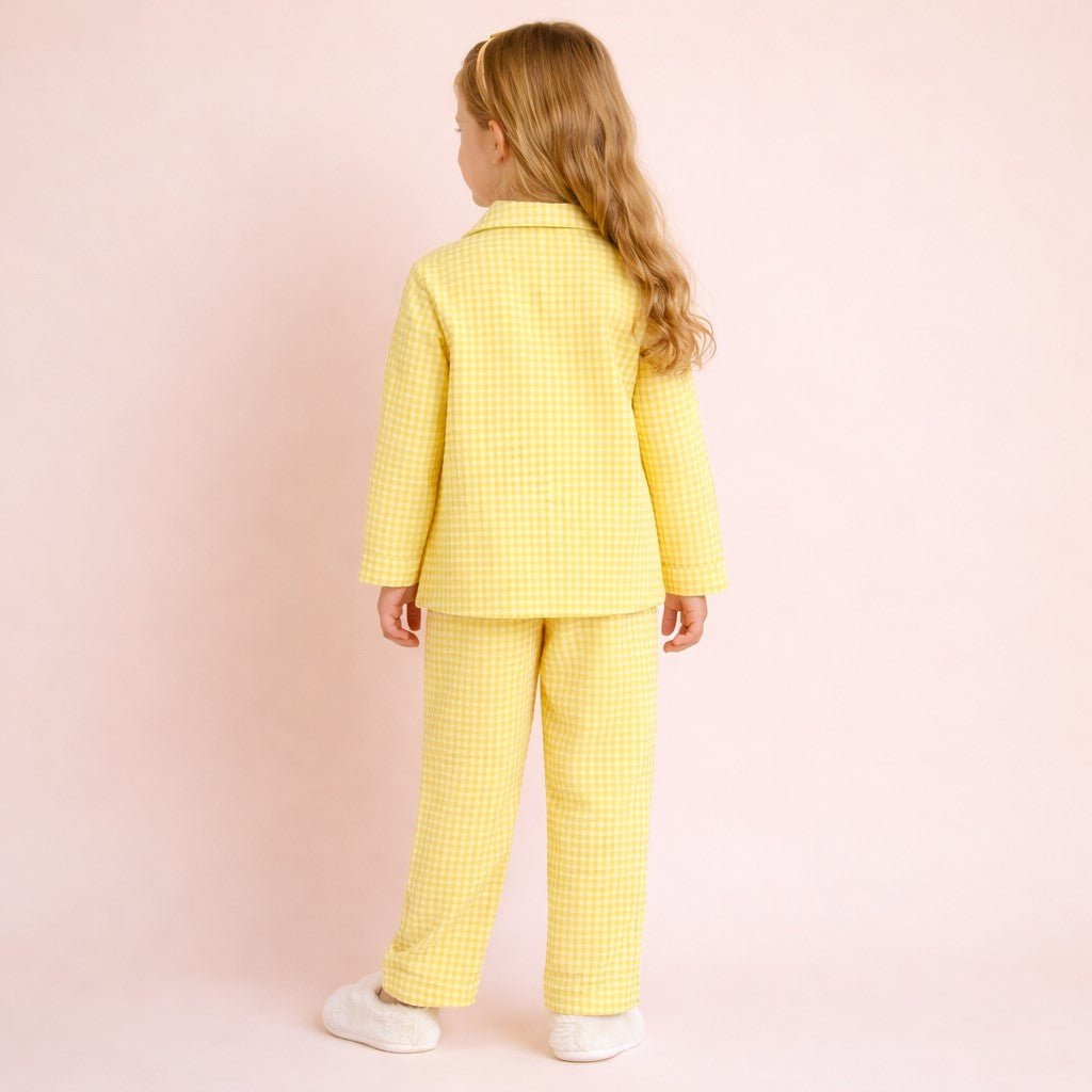 Piccolo Girls Seersucker Checkered Night Suit with Bow Applique-Yellow