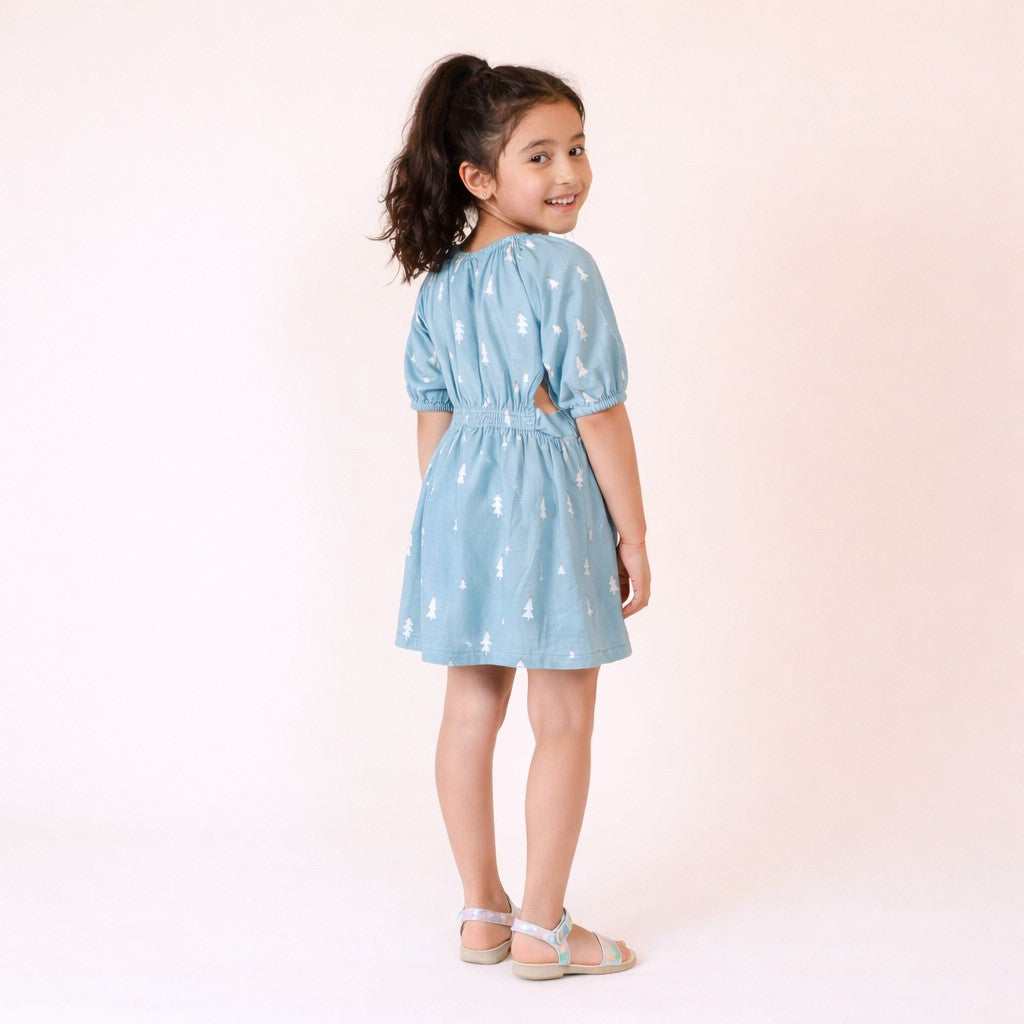 Girls Blue Christmas Tree Print Dress