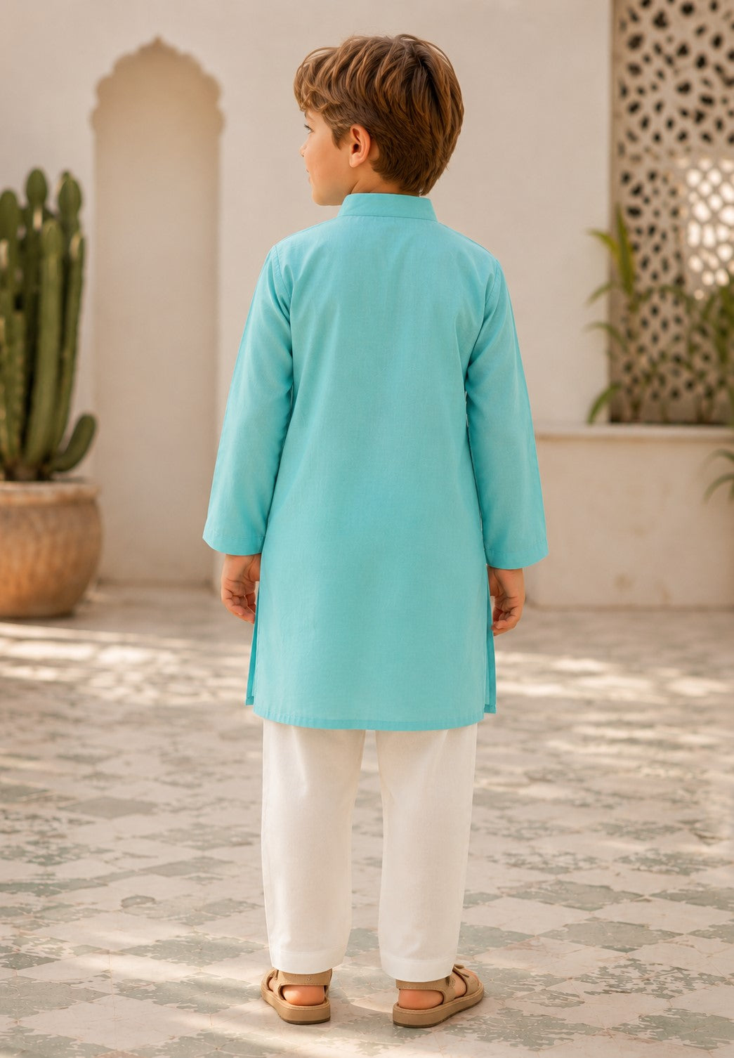 Piccolo Mul Chanderi Elephant Applique Kurta Pyjama Set – Aqua Blue