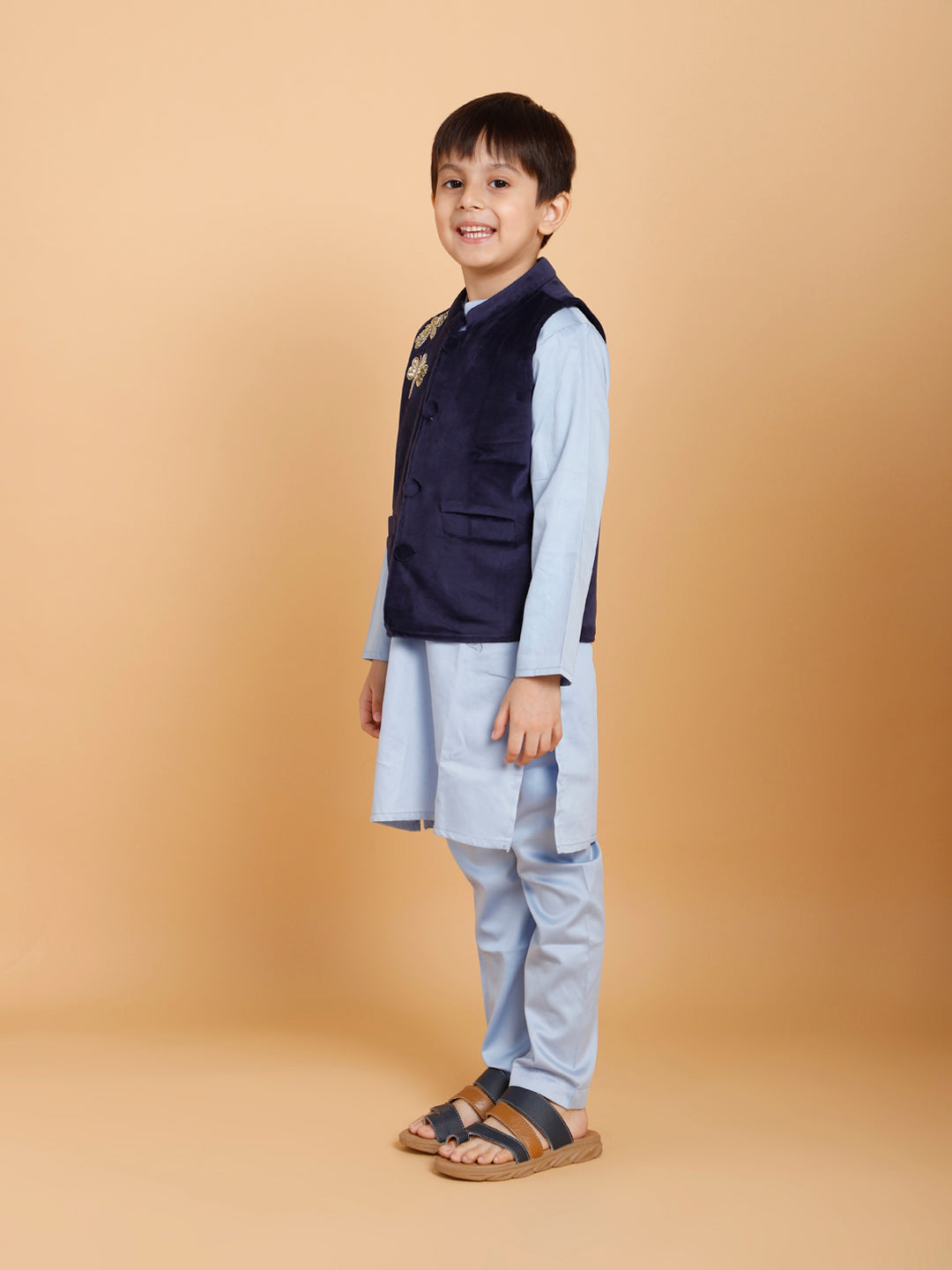 Boys Light Blue Kurta Pyjama with Velvet Jacket (Set of 3)