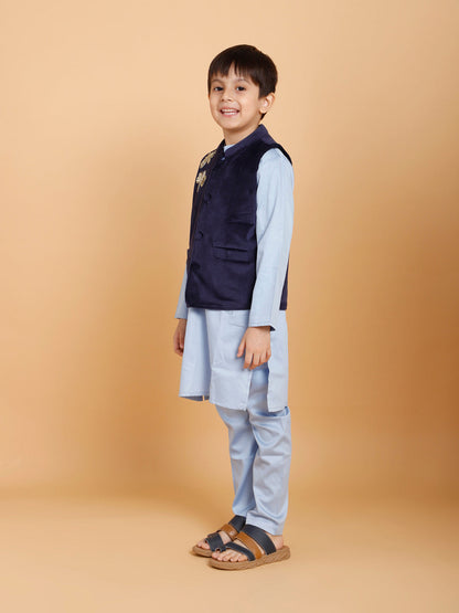 Boys Light Blue Kurta Pyjama with Velvet Jacket (Set of 3)