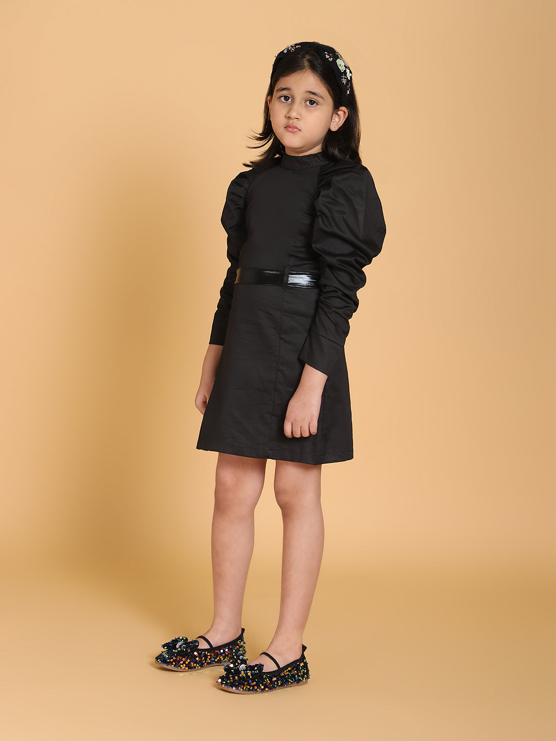 Black Puff Sleeves Dress With Belt