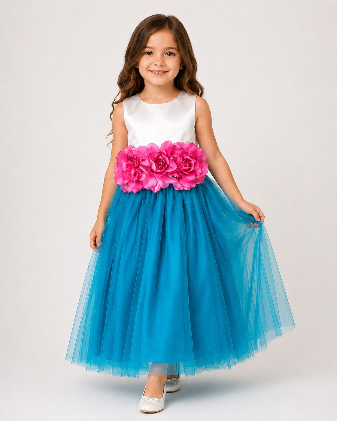 Piccolo Net Floral applique Tulle Party Gown-Turquoise