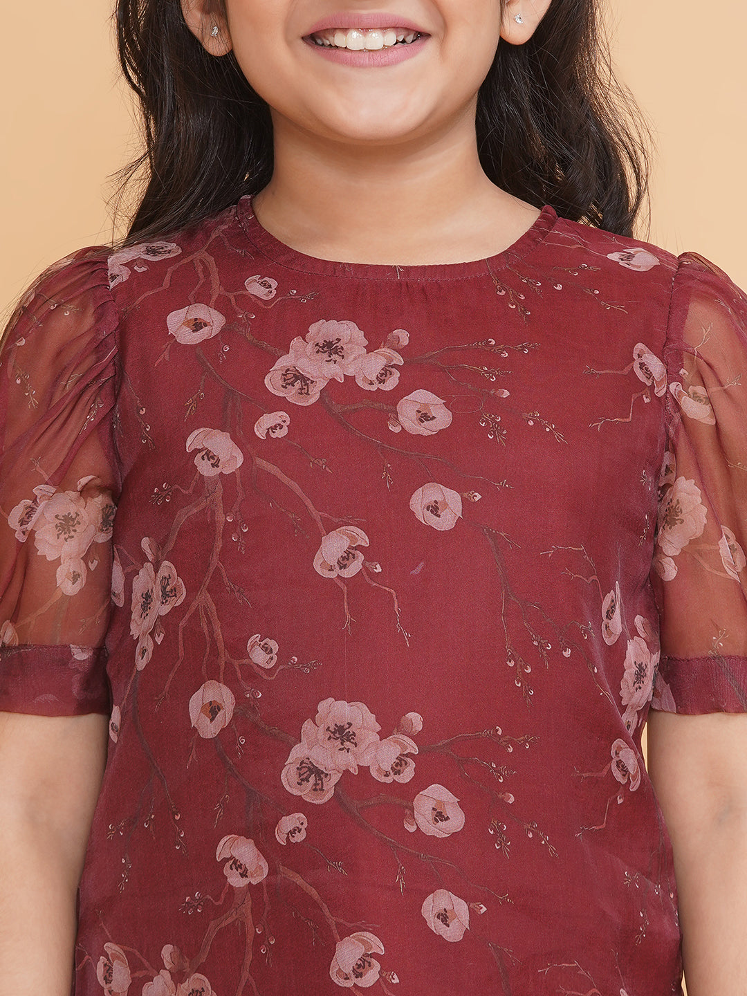 PICCOLO Floral Organza Ruffle Detailed Dress- Maroon