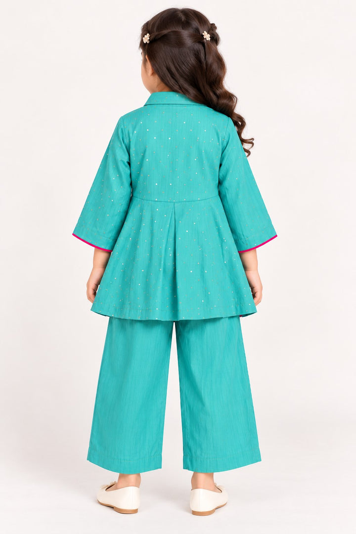 Piccolo  Mal Chanderi Mukaish Work Kurta With Pant Set - Turquoise Green