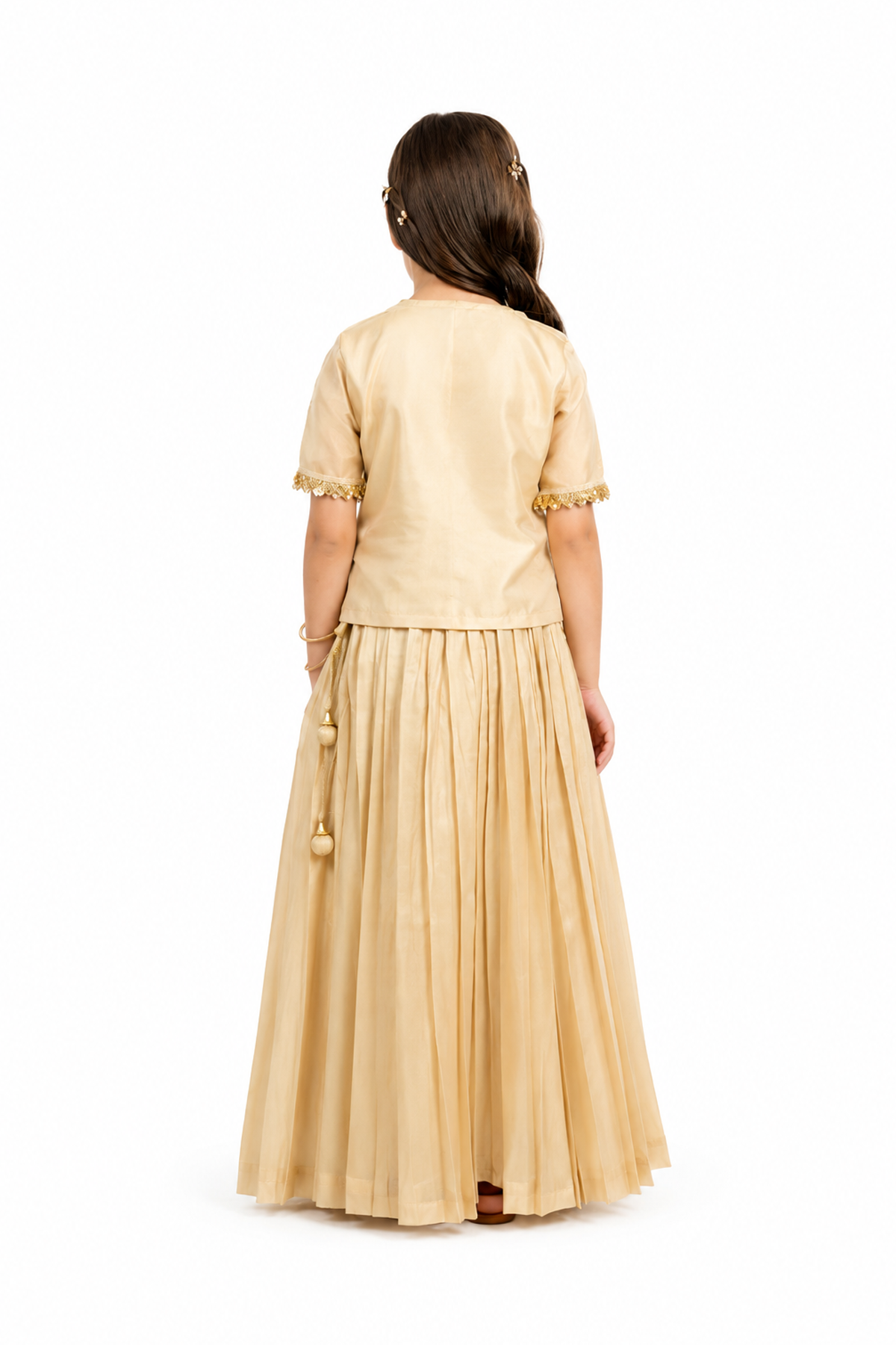 Piccolo Banarasi Silk Lehenga with Embellished Kachli & Appliqué Top-Golden