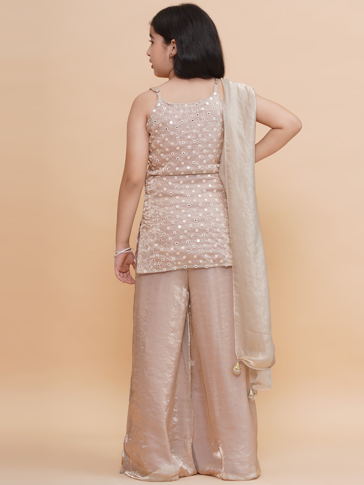 Piccolo Tissue Silk Mirror Work Kurta & Palazzo Set-Beige